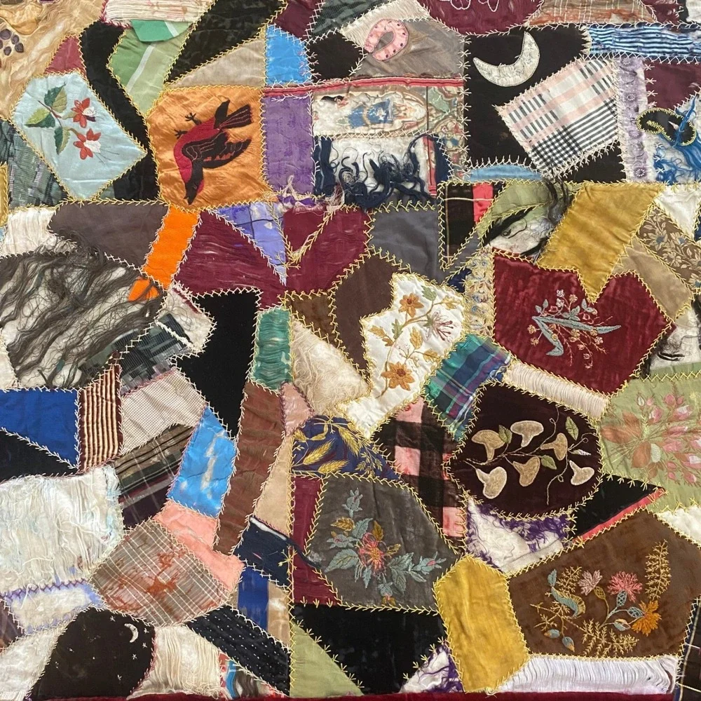 Antique Victorian Crazy Quilt Hand Embroidered Silk Velvet Patchwork Red Damaged